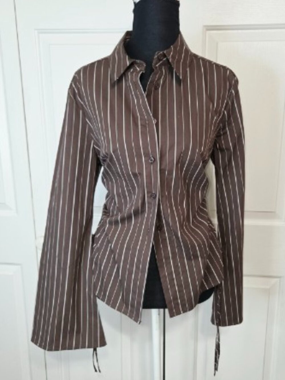 Wild Fable Brown White Pinstripe Long Sleeve Button up Top